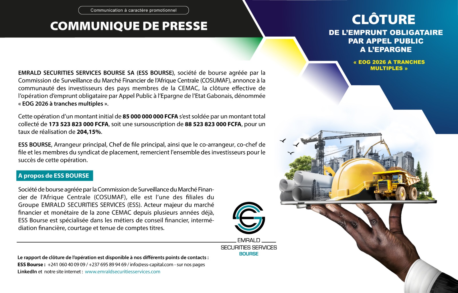 173,5 milliards FCFA mobilisés : ESS Bourse réalise une performance historique avec l'emprunt EOG 2026