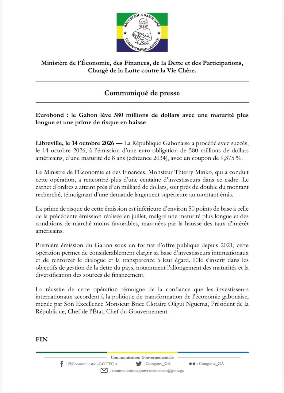Eurobond : le Gabon lève 580 millions de dollars sur huit ans, avec une prime de risque en baisse